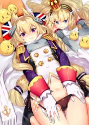 Rule 34 | 2girls, animal ears, azur lane, bed sheet, bird, black hairband, black panties, blonde hair, blunt bangs, blush, cat ears, character name, chick, closed mouth, crown, detached sleeves, fang, fang out, flag print, gloves, hair between eyes, hairband, headgear, jacket, long hair, looking at viewer, lying, manjuu (azur lane), mini crown, multiple girls, no pants, nose blush, on back, on stomach, panties, panty pull, pillow, print pillow, pulling own clothes, purple eyes, purple jacket, queen elizabeth (azur lane), scarf, side-tie panties, smile, striped clothes, striped hairband, super zombie, underwear, union jack, very long hair, warspite (azur lane), white gloves