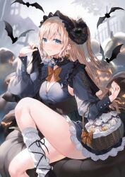 Rule 34 | 1girl, absurdres, ankle lace-up, aqua eyes, basket, bat (animal), black capelet, black footwear, black gemstone, black headdress, blonde hair, blurry, blurry background, blush, bow, bowtie, breasts, capelet, capelet lift, cleavage, closed mouth, commentary request, cross-laced footwear, ear piercing, earrings, fang, food-themed earrings, food themed earrings, frilled headwear, halloween costume, heart-shaped gem, highres, jack-o&#039;-lantern, jewelry, lolita fashion, long hair, long sleeves, looking at viewer, loose socks, medium breasts, orange bow, orange bowtie, original, piercing, puffy long sleeves, puffy sleeves, pumpkin, pumpkin earrings, sitting, socks, solo, star (symbol), star earrings, thighs, twitter username, white socks, yana mori