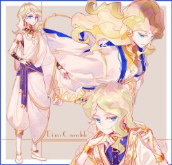Rule 34 | 10s, 1girl, anklet, arabian clothes, barefoot, blonde hair, blue eyes, bracelet, breasts, character name, cleavage, diana cavendish, jewelry, little witch academia, long hair, looking at viewer, midriff, milk puppy, necklace, pants, slippers, smile, solo
