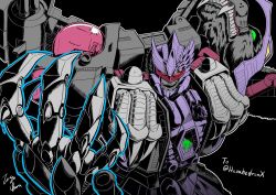 Rule 34 | beast wars, black background, commission, highres, looking at viewer, mecha, no humans, oohara tetsuya, open hand, orange eyes, predacon, razorclaw (transformers), robot, science fiction, signature, solo, transformers, upper body, visor