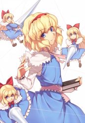 Rule 34 | &gt;:(, 4girls, alice margatroid, blonde hair, blue dress, blue eyes, book, bow, bowtie, brown footwear, capelet, commentary request, cowboy shot, dress, floating, hair between eyes, hair bow, hairband, hand up, head tilt, holding, holding book, holding weapon, juliet sleeves, kaiza (rider000), lance, long hair, long sleeves, looking at viewer, mary janes, multiple girls, petticoat, pink neckwear, pink sash, polearm, puffy sleeves, puppet strings, red bow, red hairband, red neckwear, sash, shanghai doll, shirt, shoes, short hair, sidelocks, simple background, smile, socks, standing, touhou, very long hair, weapon, white background, white capelet, white legwear, white shirt