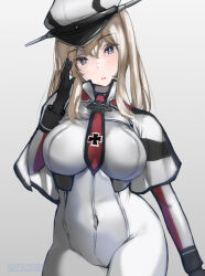 Rule 34 | 1girl, adapted costume, blonde hair, bodysuit, breasts, capelet, covered navel, cowboy shot, cross, graf zeppelin (kancolle), grey eyes, hair between eyes, hat, iron cross, kantai collection, large breasts, mani oniniku, military hat, multicolored necktie, necktie, peaked cap, sidelocks, solo, twintails, white bodysuit, white capelet, white hat