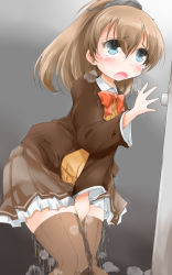 Rule 34 | 1girl, anbee (arary), beige sweater, between legs, blue eyes, blush, bow, breath, brown hair, brown jacket, brown skirt, brown thighhighs, door, doorknob, female focus, frilled skirt, frills, gradient background, grey background, hair ornament, hand between legs, hand up, have to pee, jacket, kantai collection, knees together feet apart, kumano (kancolle), leaning forward, long sleeves, open mouth, peeing, peeing self, pleated skirt, ponytail, red bow, shirt, simple background, skirt, solo, standing, steam, sweater, tears, thighhighs, trembling, wet, wet clothes, white shirt