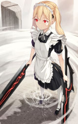 Rule 34 | 1girl, apron, bad id, bad pixiv id, blonde hair, closed mouth, dual wielding, frilled apron, frills, glowing, glowing eyes, highres, holding, kimura (ykimu), long hair, maid, maid headdress, original, pantyhose, red eyes, solo, standing, sword, twintails, weapon, white pantyhose