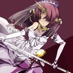 Rule 34 | 1girl, cleavage, dress, elbow gloves, fate/apocrypha, fate (series), frankenstein&#039;s monster (fate), gloves, hair over eyes, horns, kashiko (drop out!), long hair, pink hair, see-through, see-through cleavage, single horn, solo, staff, veil, white dress