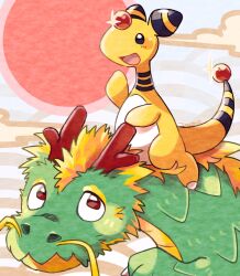 Rule 34 | ampharos, artist name, black eyes, blonde hair, brown eyes, colored skin, commentary request, creatures (company), dragon, eastern dragon, forehead jewel, game freak, gen 2 pokemon, glint, green fur, horns, nintendo, no humans, nostrils, open mouth, pokemon, pokemon (creature), red horns, red sun, smile, tail, tansho, yellow skin