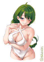 Rule 34 | 1girl, ahoge, alternate costume, blue eyes, blush, braid, breast hold, breasts, cleavage, collarbone, ebifurya, green hair, groin, highres, kantai collection, large breasts, long hair, mole, mole under mouth, one-piece swimsuit, one eye closed, simple background, single braid, smile, solo, swimsuit, twitter username, very long hair, white background, white one-piece swimsuit, yuugumo (kancolle)