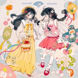 Rule 34 | 2girls, ahoge, animal bag, animal print, ankle socks, apple, apple print, bag, basket, belt buckle, beret, black hair, blush stickers, bow, bowtie, braid, buckle, buttons, cherry blossoms, chinese clothes, closed mouth, commentary, crescent, crescent hair ornament, english commentary, eyeshadow, fashion, floral print, flower, folding fan, food, footwear bow, frown, fruit, full body, fur-trimmed vest, fur trim, green bow, hair bow, hair flower, hair lift, hair ornament, hand fan, hand up, hat, highres, holding, holding basket, kite, lantern, layered sleeves, leaf print, lofter logo, lofter username, long hair, long sleeves, looking at another, makeup, mary janes, miniskirt, multiple girls, open clothes, open vest, orange eyeshadow, original, outstretched arm, paper lantern, pink bow, pink bowtie, pink flower, pink footwear, pink skirt, pink vest, pleated skirt, purple eyes, putong xiao gou, rabbit bag, rabbit print, red bow, red footwear, red lips, shirt, shoes, shoulder bag, sidelocks, single braid, skirt, socks, vest, waves, white background, white bag, white flower, white shirt, white socks, wide sleeves, yellow bow, yellow bowtie, yellow headwear, yellow skirt, yellow vest