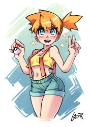 Rule 34 | 1girl, artist name, bare shoulders, blue background, blue eyes, blue shorts, blush, breasts, cleavage, collarbone, creatures (company), crop top, eyes visible through hair, game freak, gerph, hands up, jpeg artifacts, looking up, medium breasts, midriff, misty (pokemon), navel, nintendo, open mouth, orange hair, pointy ears, poke ball, pokemon, pokemon (anime), ponytail, shirt, short hair, short shorts, shorts, side ponytail, signature, simple background, sleeveless, sleeveless shirt, smile, solo, standing, star (symbol), suspenders, teeth, text focus, v, watermark, yellow shirt
