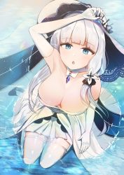 Rule 34 | 1girl, absurdres, azur lane, blue eyes, blue gemstone, blush, breasts, cleavage, collarbone, commentary request, dress, elbow gloves, gem, gloves, hair ornament, hand on own head, hat, highres, illustrious (azur lane), in water, jewelry, lace-trimmed hat, lace trim, large breasts, light particles, long hair, looking at viewer, low twintails, mole, mole under eye, open mouth, pendant, ripples, seiza, sitting, skindentation, smile, solo, sun hat, tareme, thighhighs, thighs, tsukiusa, twintails, white dress, white gloves, white hair, white hat, white thighhighs