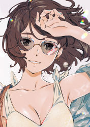 Rule 34 | 1girl, bag, brown hair, cleavage, earrings, glasses, handbag, highres, jewelry, light particles, looking at viewer, open clothes, open shirt, original, short hair, simple background, smile, solo, tank top, umishima senbon