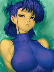 Rule 34 | 1girl, bare shoulders, blue eyes, blue hair, breasts, covered erect nipples, fumio (rsqkr), large breasts, leotard, lips, long hair, looking at viewer, original, purple eyes, solo, upper body