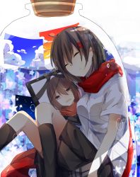 Rule 34 | 1girl, :d, ahoge, bottle, brown eyes, brown hair, closed eyes, dual persona, hair ornament, hairclip, highres, in bottle, in container, kagerou project, long hair, looking at viewer, open mouth, parted lips, photo (object), pleated skirt, portrait, scarf, school uniform, serafuku, short hair, sitting, skirt, sky, sleeping, smile, solo, star (sky), starry sky, tateyama ayano, yuruno