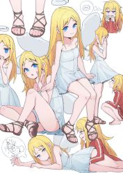Rule 34 | 1girl, 1other, absurdres, angel, angel wings, barefoot, blonde hair, blue eyes, blush, broken halo, closed mouth, commentary request, covering face, crimvael, crossover, doughnut, dress, eating, feet, food, gabriel dropout, halo, highres, implied futanari, implied handjob, ishuzoku reviewers, jacket, lan mao akko, long hair, looking at penis, looking at viewer, lying, multiple views, naughty face, no panties, nose blush, on side, open mouth, pleated skirt, purple eyes, red jacket, red skirt, sandals, voice actor connection, simple background, sitting, skirt, sleeveless, sleeveless dress, smile, standing, gabriel tenma white, thought bubble, toes, tomita miyu, white background, white dress, wings