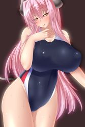 Rule 34 | 1girl, absurdres, breasts, competition swimsuit, covered erect nipples, covered navel, demon girl, demon horns, demon tail, highleg, highleg swimsuit, highres, horns, huge breasts, long hair, looking at viewer, one-piece swimsuit, original, pink hair, shishido sakurai, slit pupils, solo, swimsuit, tail, wet, yellow eyes
