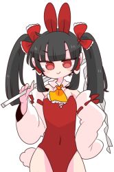 Rule 34 | 1girl, alternate costume, alternate hairstyle, animal ears, black hair, bow, breasts, rabbit ears, rabbit tail, covered navel, detached collar, detached sleeves, gohei, hair bow, hair tubes, hakurei reimu, highres, leotard, long hair, op na yarou, playboy bunny, red bow, red eyes, red leotard, ribbon-trimmed sleeves, ribbon trim, sidelocks, small breasts, tail, touhou, twintails