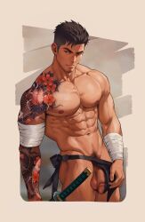 Rule 34 | 1boy, abs, arm tattoo, bandaged arm, bandages, censored, closed mouth, cowboy shot, facial hair, flaccid, fundoshi, groin, highres, japanese clothes, large penis, light frown, male focus, male pubic hair, mosaic censoring, muscular, muscular male, nipples, nude, original, pectorals, penis, penis peek, pubic hair, shian948076, short hair, shoulder tattoo, sideways glance, simple background, solo, standing, tan, tattoo, undercut, very short hair