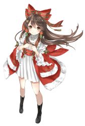 1girl alternate_costume black_footwear blush boots bow brown_eyes brown_hair christmas clip_studio_paint dress female_focus from_above full_body fur_trim hair_bow hair_ornament hakurei_reimu highres jacket long_hair looking_at_viewer mokona1107 own_hands_together red_dress red_jacket simple_background smile solo standing star_(symbol) star_hair_ornament striped_bow touhou white_background white_dress yellow_eyes