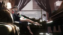 Rule 34 | 1girl, arknights, bare legs, bare shoulders, barefoot, black choker, black dress, black footwear, book, book stack, bottle, breasts, choker, cleavage, couch, cup, curtains, day, dengdengdeng, dress, drink, drinking glass, grey hair, hair ornament, highres, holding, holding cup, horns, indoors, instrument, jewelry, lamp, large breasts, long hair, mudrock (arknights), mudrock (obsidian) (arknights), necklace, official alternate costume, on couch, parted lips, pelvic curtain, piano, pillow, plant, potted plant, red eyes, shoes, single shoe, sleeveless, sleeveless dress, solo, very long hair, window