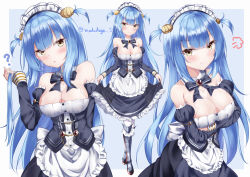 Rule 34 | 1girl, absurdres, angry, apron, arm behind back, armored boots, arms under breasts, azur lane, bare shoulders, black bow, black bowtie, black skirt, blue hair, blush, boots, bow, bowtie, breast rest, breasts, cleavage, cleavage cutout, clothing cutout, commentary request, corset, crossed arms, curious, detached collar, detached sleeves, frilled skirt, frills, full body, gem, hand up, highres, holding, holding hair, long hair, long sleeves, looking at viewer, maid apron, maid headdress, makihige, medium breasts, multiple views, neptune (azur lane), pout, red gemstone, see-through, shell hair ornament, signature, skirt, skirt hold, smile, solo, staring, thighhighs, very long hair, waist apron, white apron, white thighhighs, yellow eyes