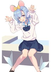 Rule 34 | 1girl, animal ears, blouse, blue bow, blue hair, blue shirt, blue skirt, blush, bow, brown footwear, chinese zodiac, commentary request, elliot leucosia, fins, fish girl, hair bow, hair ornament, head fins, highres, long sleeves, looking at viewer, monster girl, mouse ears, open mouth, orange bow, original, pantyhose, shirt, simple background, sitting, skirt, smile, solo, takunomi, uniform, webbed hands, white background, white pantyhose, white shirt, year of the rat