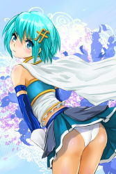 Rule 34 | 10s, 1girl, ass, blue eyes, blue hair, blush, cape, elbow gloves, fortissimo, frills, from behind, gloves, hair ornament, looking back, magical girl, mahou shoujo madoka magica, mahou shoujo madoka magica (anime), matching hair/eyes, miki sayaka, musical note, musical note hair ornament, panties, pantyshot, short hair, skirt, solo, underwear, upskirt, white panties, yamasan (hachiman)