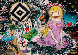 Rule 34 | 1girl, abstract, abstract background, black cloud, blonde hair, bow, bug, dress, elbow gloves, expressionless, gloves, grass, hat, hito (nito563), long hair, mob cap, purple dress, red bow, red ribbon, ribbon, short sleeves, solo, surreal, touhou, tree, very long hair, white gloves, white hat, wide shot, yakumo yukari, yin yang