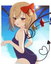 Rule 34 | 1girl, bad id, bad pixiv id, bare shoulders, blonde hair, blue one-piece swimsuit, blue sky, bow, breasts, commentary, cowboy shot, english commentary, flandre scarlet, from side, hair bow, highres, kamkamkura, laevatein (tail), looking at viewer, looking to the side, medium hair, mixed-language commentary, multicolored wings, no headwear, one-piece swimsuit, open mouth, outdoors, red bow, red eyes, school swimsuit, side ponytail, sky, small breasts, solo, sun, sweat, swimsuit, tail, thighhighs, touhou, triangle mouth, white thighhighs, wings