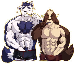 Rule 34 | 2boys, animal ear fluff, animal ears, bara, blue doggo (ttn), blue fur, blue hair, boxer briefs, brushing teeth, bulge, chest tuft, dog boy, dog ears, facial hair, furry, furry male, goatee stubble, hand under clothes, highres, large pectorals, male focus, male underwear, multiple boys, muscular, muscular male, nipples, original, pectorals, runny nose, short hair, squeans, snot, stubble, thick eyebrows, topless male, ttn (239 239), two-tone fur, underwear, waking up, white fur