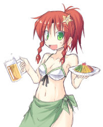 Rule 34 | 1girl, alternate costume, alternate hairstyle, beer mug, bikini, bikini top only, braid, collarbone, cup, green eyes, hair ornament, hong meiling, ichidai taisa, looking at viewer, mug, open mouth, plate, ponytail, red hair, sarong, side braid, simple background, sketch, solo, star (symbol), star hair ornament, swimsuit, touhou, twin braids, white background