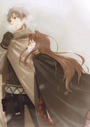 Rule 34 | 00s, 1boy, 1girl, ayakura juu, blush, brown hair, cloak, cold, craft lawrence, closed eyes, gloves, grin, holo, long hair, smile, snow, spice and wolf, standing, wolf ears