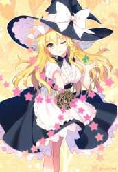 Rule 34 | 1girl, an2a, apron, arm up, black skirt, black vest, blonde hair, blush, bow, braid, breasts, buttons, center frills, commentary request, frilled apron, frills, green bow, hair between eyes, hair bow, hat, hat ribbon, kirisame marisa, large breasts, long hair, looking at viewer, mini-hakkero, one eye closed, puffy short sleeves, puffy sleeves, ribbon, short sleeves, single braid, skirt, smile, solo, standing, star (symbol), touhou, twitter username, vest, white apron, witch hat, yellow background, yellow eyes