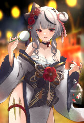 Rule 34 | 1girl, absurdres, bag, bagged fish, bare shoulders, black choker, black hair, blurry, blurry background, blush, breasts, chest sarashi, choker, cleavage, collarbone, commentary request, eyeshadow, fang, fish, frilled kimono, frills, grey hair, hair bun, hair ornament, highres, hololive, japanese clothes, kimono, large breasts, looking at viewer, makeup, miya takanashi, multicolored hair, night, obi, off shoulder, open mouth, outdoors, pink eyeshadow, poi (goldfish scoop), red eyes, sakamata chloe, sakamata chloe (new year), sarashi, sash, single hair bun, skin fang, solo, streaked hair, tassel, tassel hair ornament, virtual youtuber