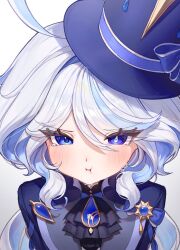 Rule 34 | 1girl, :i, ahoge, ascot, black ascot, blue eyes, blue hair, blue hat, blue jacket, brooch, chabi009, commentary, furina (genshin impact), genshin impact, hat, highres, jacket, jewelry, long hair, looking at viewer, multicolored hair, revision, solo, streaked hair, top hat, upper body, white hair