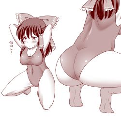Rule 34 | 1girl, amazon (taitaitaira), armpits, arms behind head, ass, blush, breasts, cameltoe, cleavage, covered navel, greyscale, groin, hair ornament, hair ribbon, hakurei reimu, highres, large breasts, monochrome, multiple views, ribbon, simple background, squatting, swimsuit, touhou, white background