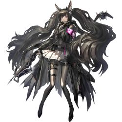 Rule 34 | 1girl, animal ear fluff, animal ears, arknights, armband, bags under eyes, black coat, black footwear, black hair, bow (weapon), coat, crossbow, drone, full body, grey pantyhose, grey sweater, hand up, holding, holding crossbow, holding weapon, kjerag logo, long hair, long sleeves, looking at viewer, miniskirt, monch (arknights), official art, open clothes, open coat, pantyhose, pleated skirt, purple eyes, ryuuzaki ichi, shoes, skirt, solo, sweater, thigh strap, transparent background, twintails, very long hair, weapon, white skirt