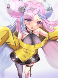 Rule 34 | 1girl, :d, bare shoulders, bow-shaped hair, breasts, collarbone, commentary request, creatures (company), game freak, grey background, grey pantyhose, grey shirt, habu rin, highres, iono (pokemon), jacket, long hair, long sleeves, looking at viewer, medium breasts, multicolored hair, nintendo, off shoulder, open mouth, pantyhose, pink hair, pokemon, pokemon sv, purple eyes, purple hair, sharp teeth, shirt, single leg pantyhose, sleeves past fingers, sleeves past wrists, smile, solo, standing, teeth, two-tone hair, very long hair, yellow jacket
