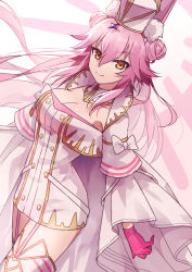 Rule 34 | 1girl, animal ear fluff, animal ears, armpit peek, arms at sides, boots, bow, breasts, buttons, cleavage, closed mouth, coat, commentary, cowboy shot, detached collar, double bun, dress, fate/grand order, fate (series), garter straps, gloves, gold trim, hair between eyes, hair bun, halo, hat, koyanskaya (assassin) (third ascension) (fate), koyanskaya (fate), large breasts, long hair, long sleeves, looking at viewer, open clothes, open coat, pink garter straps, pink gloves, pink hair, rabbit ears, saeki saiki, short dress, smile, solo, tamamo (fate), thigh boots, white bow, white coat, white dress, white footwear, white hat, wide sleeves, yellow eyes