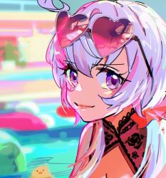Rule 34 | 1girl, ahoge, breasts, cleavage, cleavage cutout, clothing cutout, grey hair, heart, heart-shaped pupils, long hair, looking at viewer, low twintails, medium breasts, pink-tinted eyewear, pink lips, pool, portrait, purple eyes, red shirt, senki zesshou symphogear, shirt, smile, solo, sunglasses, symbol-shaped pupils, thundergotch, tinted eyewear, twintails, yukine chris