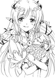 Rule 34 | 1girl, agahari, greyscale, long hair, margaret (rune factory), monochrome, pointy ears, rune factory, rune factory 4, simple background, smile, solo, white background