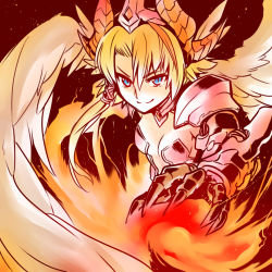 Rule 34 | &gt;:), 1girl, armor, asymmetrical hair, blonde hair, blue eyes, breasts, claws, dragon horns, feathered wings, fire, hair between eyes, hair tubes, highres, holding, holding sword, holding weapon, horns, ishiyumi, long hair, minerva (p&amp;d), puzzle &amp; dragons, small breasts, smile, solo, sword, tiara, v-shaped eyebrows, weapon, white wings, wings