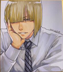 Rule 34 | 1boy, ai (ai1470), bleach, blonde hair, brown eyes, collared shirt, dated, hair over one eye, hand on own chin, head rest, highres, hirako shinji, lips, long sleeves, looking at viewer, male focus, necktie, parted lips, shikishi, shirt, short hair, solo, striped necktie, traditional media, upper body, white shirt
