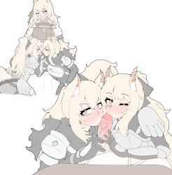 Rule 34 | 3girls, absurdres, animal ear fluff, animal ears, arknights, aunt and niece, blemishine (arknights), blonde hair, breasts, brown eyes, censored, cooperative fellatio, fellatio, female pov, fff threesome, futa with female, futanari, group sex, hand on another&#039;s head, heart, heart-shaped pupils, highres, huge penis, imminent fellatio, incest, licking, licking penis, long hair, mosaic censoring, multiple girls, nearl (arknights), one eye closed, oral, penis, physisyoon, pov, shimaidon, siblings, simple background, sisters, symbol-shaped pupils, tail, teamwork, threesome, tongue, tongue out, veins, veiny penis, whislash (arknights), white background