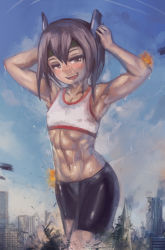 Rule 34 | 1girl, :d, abs, armpit crease, armpits, arms up, biceps, bike shorts, black shorts, blue sky, blush, brown eyes, brown hair, city, cityscape, cloud, cloudy sky, commentary request, covered erect nipples, crushing, day, destruction, dripping, flat chest, giant, giantess, green headband, hair between eyes, half-closed eyes, hands on own head, headband, headgear, kantai collection, looking at viewer, midriff, muscular, muscular female, navel, open mouth, outdoors, parted bangs, raised eyebrows, rubble, ruins, short hair, shorts, size difference, sky, smile, smoke, sports bra, stomach, sweat, nervous sweating, taihou (kancolle), vehicle request, walking, white sports bra, yilx