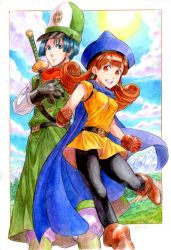 Rule 34 | 1boy, 1girl, alena (dq4), blue eyes, blue hair, breasts, cape, clift, closed mouth, commentary request, curly hair, dragon quest, dragon quest iv, dress, gloves, hat, long hair, looking at viewer, medium breasts, open mouth, orange eyes, orange hair, pantyhose, short hair, sio2 (nisankakeiso), skirt, yellow dress, yellow skirt