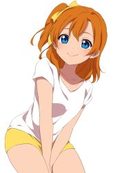 Rule 34 | 1girl, between legs, blue eyes, bow, closed mouth, cowboy shot, hair bow, hand between legs, highres, kosaka honoka, looking at viewer, love live!, love live! school idol project, one side up, orange eyes, sekina, shirt, short sleeves, shorts, simple background, smile, solo, white background, white shirt, yellow bow, yellow shorts