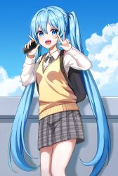Rule 34 | 1girl, :d, absurdres, backpack, bag, blue eyes, blue hair, blue sky, bow, bowtie, cloud, collared shirt, grey bow, grey bowtie, grey skirt, hair between eyes, hatsune miku, highres, holding, ille (xcpa7325), long hair, long sleeves, miniskirt, open mouth, plaid, plaid bow, plaid bowtie, plaid skirt, school uniform, shirt, skirt, sky, smile, solo, standing, sweater, sweater vest, twintails, v, very long hair, vocaloid, w, white shirt, wing collar, yellow sweater