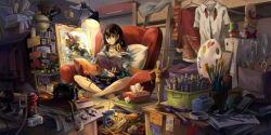 Rule 34 | 1girl, :3, ^ ^, air conditioner, aircraft, airplane, armchair, art brush, barefoot, bed, bedroom, bendy straw, binder clip, black hair, book, book stack, bow, box, brown eyes, bucket, bunk bed, burger, cable, cactus, camera, can, cardboard box, chain, chair, closed eyes, clothes, clothes hanger, compass, controller, crossed ankles, cube, cup, desk, desk lamp, dishes, doll, drawing, drink can, drinking straw, dualshock, electric plug, extension cord, feathers, figure, flower pot, food, food in mouth, french curve, french fries, game console, game controller, gamepad, globe, hair between eyes, handheld game console, hat, headphones, headphones around neck, highres, holding, holding book, hood, hood down, hoodie, indian style, indoors, ink, inkwell, kirisame marisa, ladder, lamp, light bulb, light rays, long hair, long image, long sleeves, marker, messy room, microsoft, mimikaki, monitor, mouth hold, multitasking, neko (yanshoujie), open book, original, paint, paintbrush, painting (action), palette (object), paper, paper stack, pen, pencil, pepsi, picture frame, pillow, plant, plate, playstation controller, playstation vita, pocky, potted plant, power strip, product placement, protractor, purple skirt, reading, ruler, scarf, scissors, shelf, shirt, sitting, skirt, smile, soda can, solo, sony, speaker, strap, striped clothes, striped shirt, table, tape, telescope, tissue, tissue box, touhou, toy airplane, tripod, unworn scarf, unworn shirt, used tissue, video game, wide image, wrapper, xbox, xbox 360