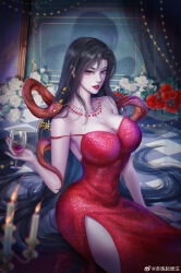 Rule 34 | 1girl, absurdres, alcohol, bare shoulders, black hair, breasts, candle, checkered floor, chi lian (qinshi mingyue), cup, dress, earrings, evening gown, flower, grey eyes, highres, holding, holding cup, jewelry, large breasts, long hair, necklace, off-shoulder dress, off shoulder, on floor, parted lips, qinshi mingyue, red dress, red flower, second-party source, shadow, sitting, snake, solo, teeth, white flower, wine