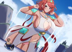 Rule 34 | 1boy, 1girl, bracer, breasts, chest jewel, cleavage, cleavage cutout, clothing cutout, earrings, giant, giantess, highres, huge breasts, jewelry, navel, orange eyes, pyra (xenoblade), red eyes, rex (xenoblade), short hair, sideboob, xennie, xenoblade chronicles (series), xenoblade chronicles 2